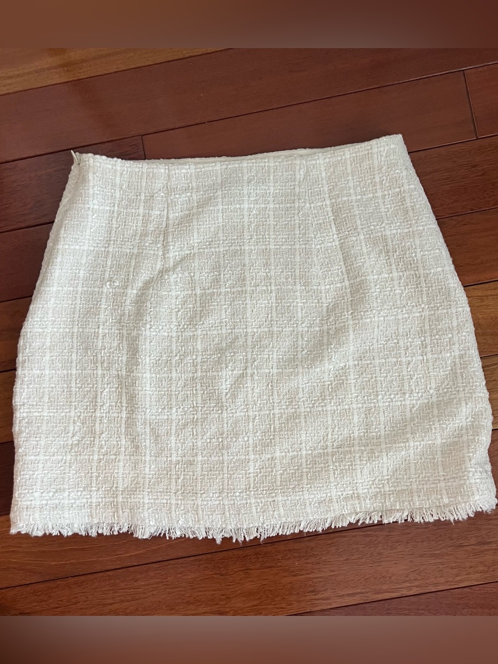 Express Cream Tweed Mini Skirt with Fringed Hem